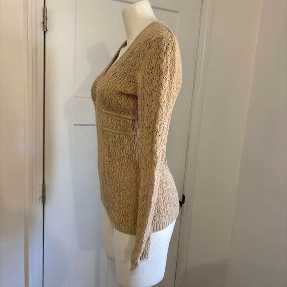Y2K 2010s Ann Taylor Loft size XS Neutral Brown Open Knit Boho V Neck Sweater - Picture 5 of 7